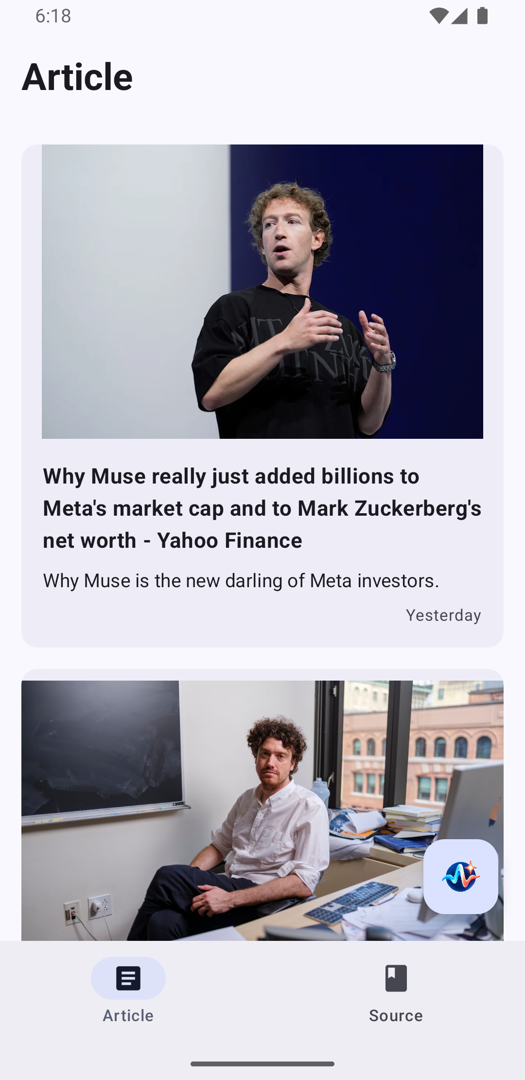 AiPulse Article screen showing news cards and an AI action button