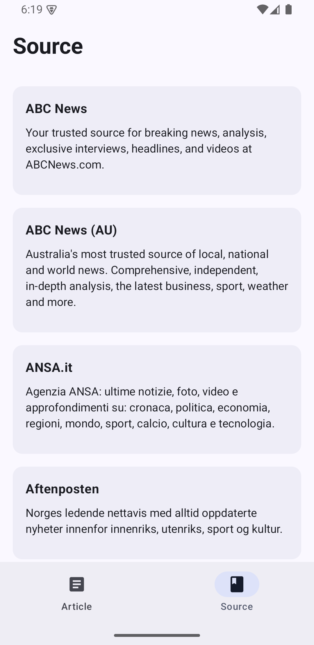 AiPulse Source screen listing news publishers